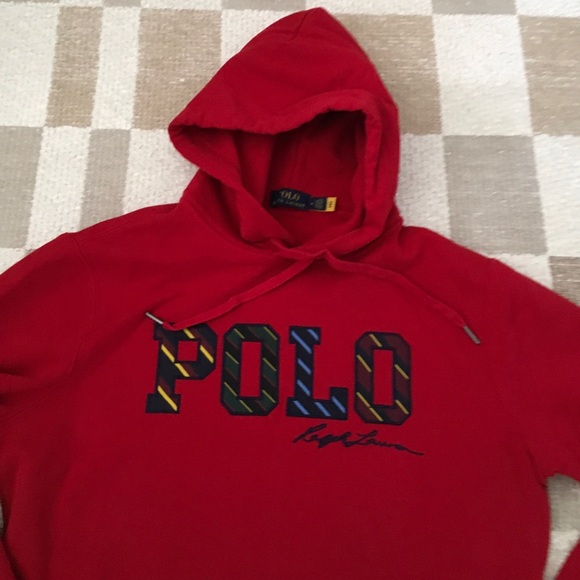 Polo Ralph Lauren Red Varsity Striped Logo Hoodie Sweatshirt Size M - Picture 9 of 11